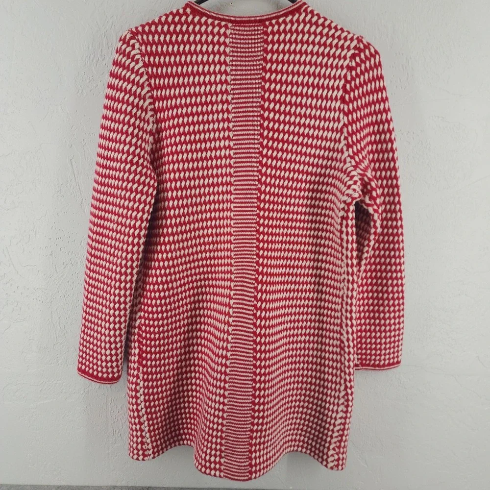 Talbots P Small | Red White Basket Weave Knit Open Merino Wool Cardigan Sweater